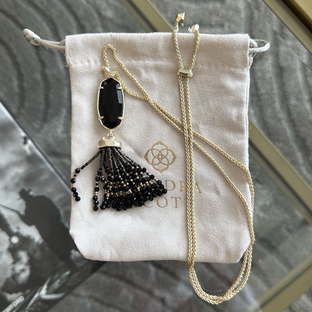 Kendra Scott Eva Black and Gold Adjustable Tassel Necklace